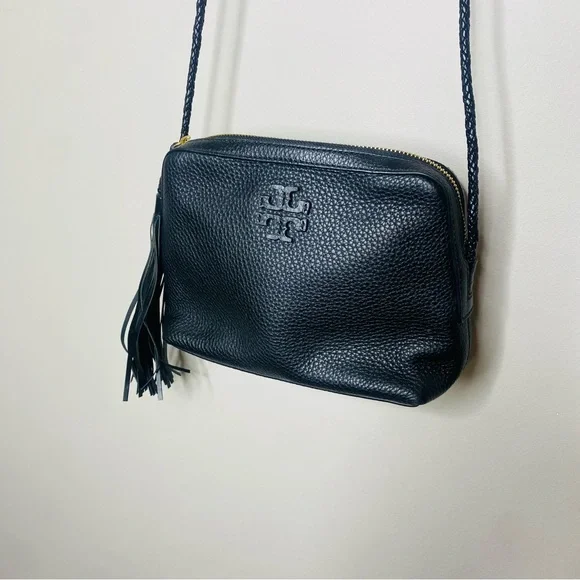 Tory Burch Black Leather Pebbled Crossbody Tassel Bag Purse - Picture 3 of 9